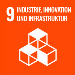 SDG, Industrie, Innovation und Infrastruktur, Orange, 4 weise Wuerfel, gestapelt.