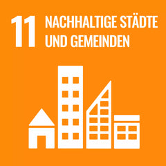 SDG, Nachhaltige Staedte und Gemeinden, hell Orange, weiße Gebäude Icons.