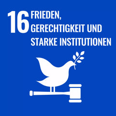 SDG, Frieden, Gerechtigkeit und Starke Institutionen, weiße taube mit Zweig und Hammer.